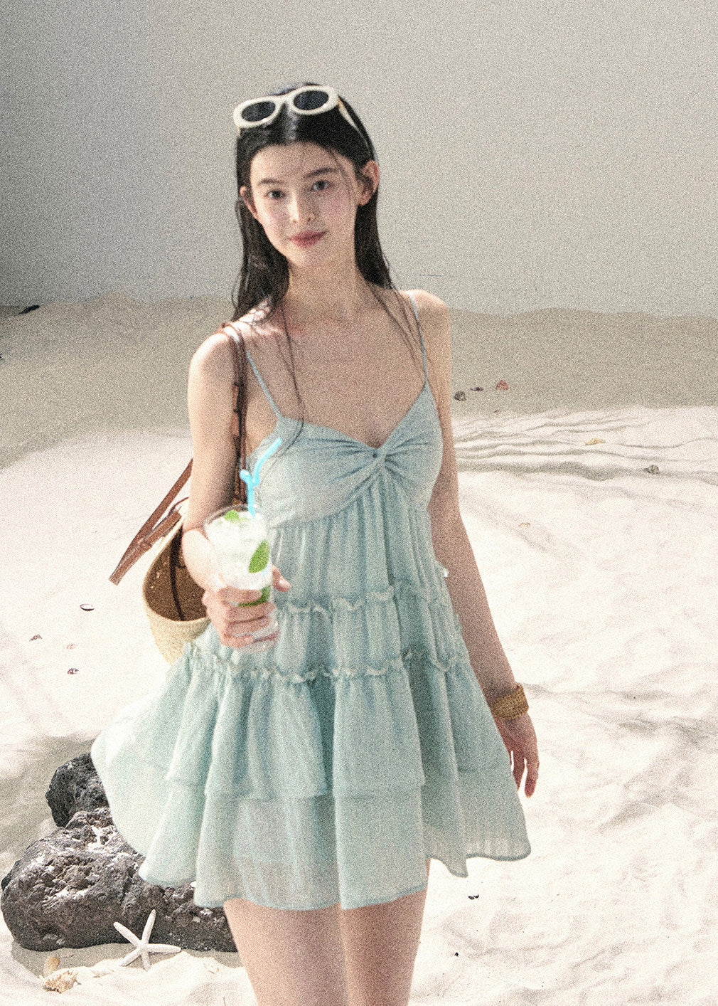 Seafoam blue tiered cami mini dress with gathered front