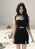 Black halter cutout knit mini dress with fitted silhouette and front button details