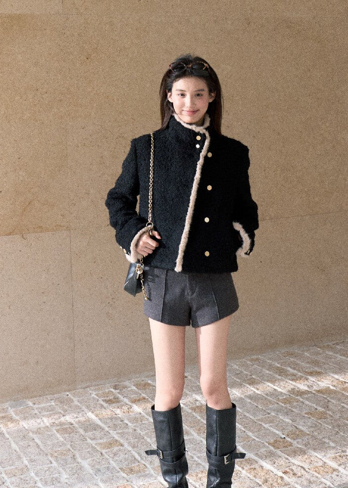 Women's stand collar black jacket with textured contrast edging