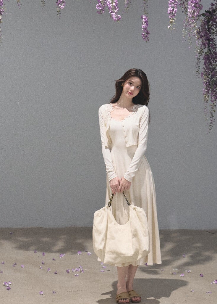 Soft mist beige cropped cardigan with delicate lace neckline detailing