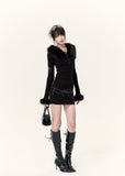 Black faux fur trim knit top and mini skirt two-piece set