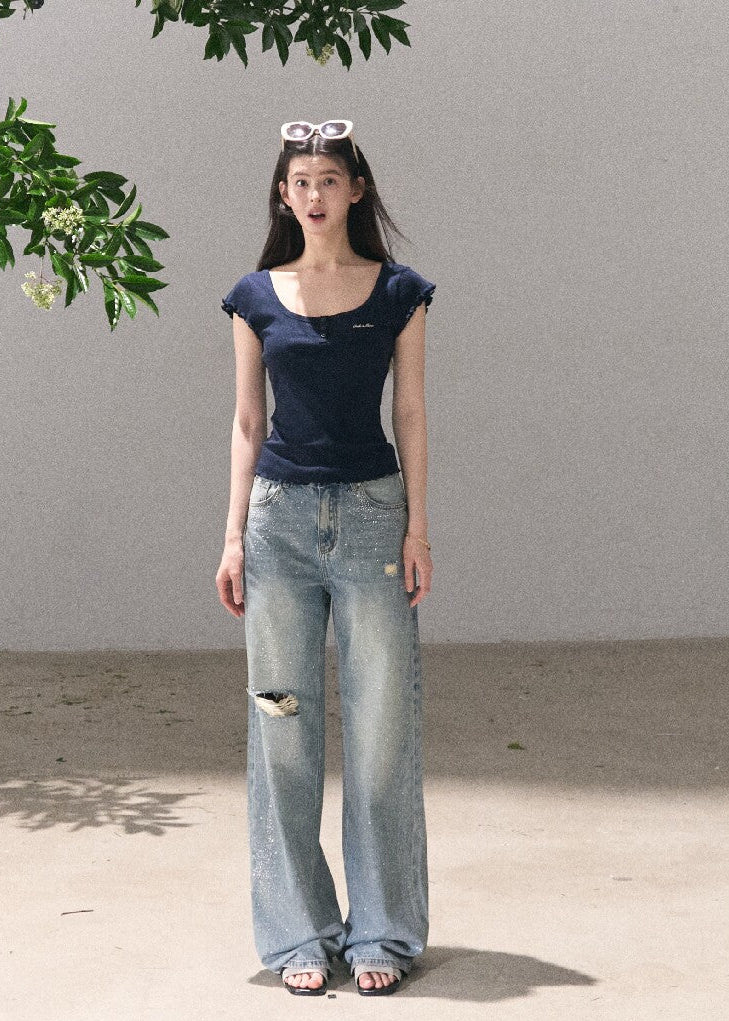 Minimal navy fitted tee with a soft neckline