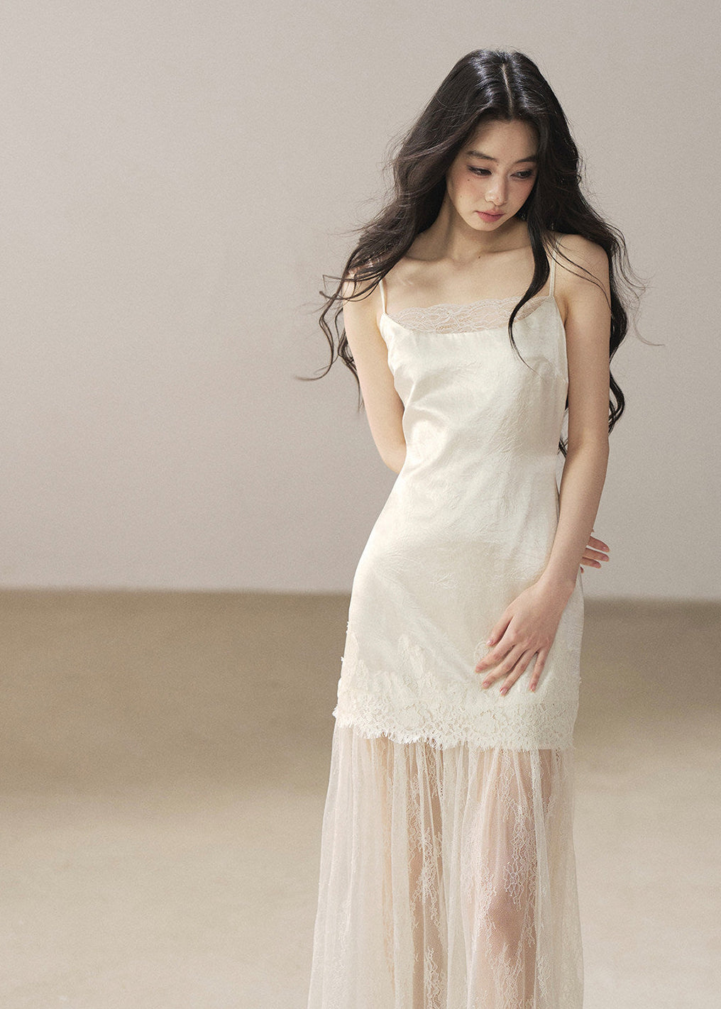 Lace slip dress with sheer cover-up set in pear white
