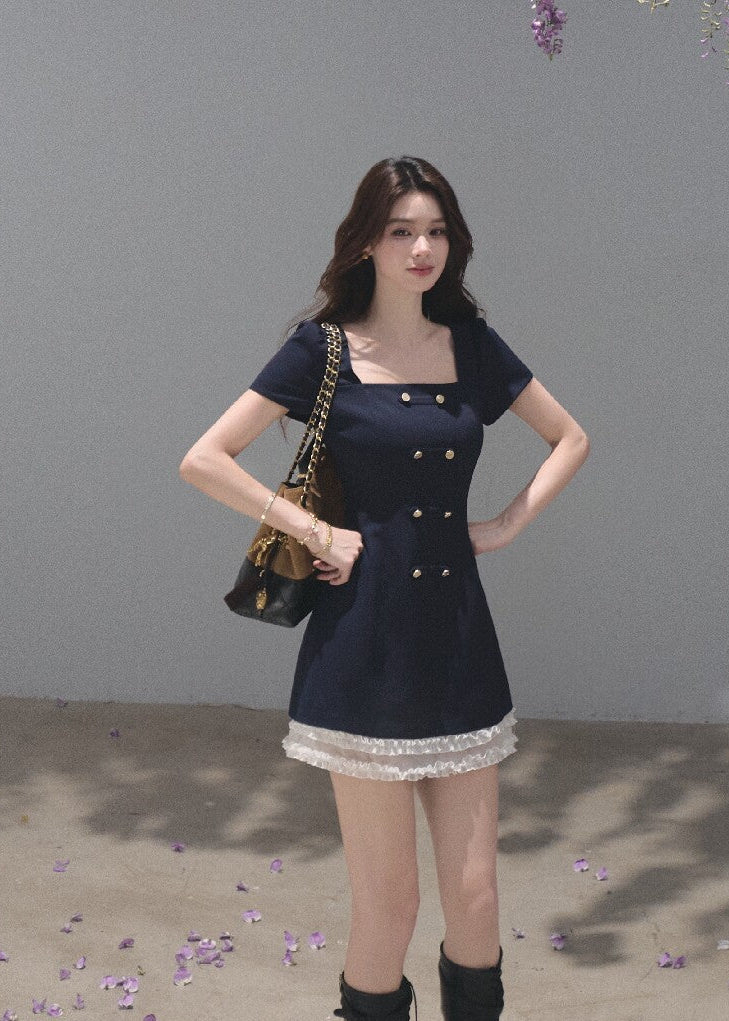 Navy square-neck mini dress with layered white lace trim