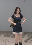 Navy square-neck mini dress with layered white lace trim