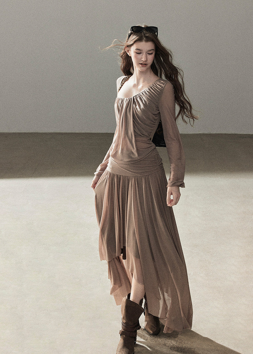 Draped taupe top and maxi skirt two-piece set