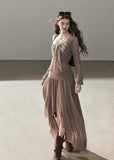 Draped taupe top and maxi skirt two-piece set