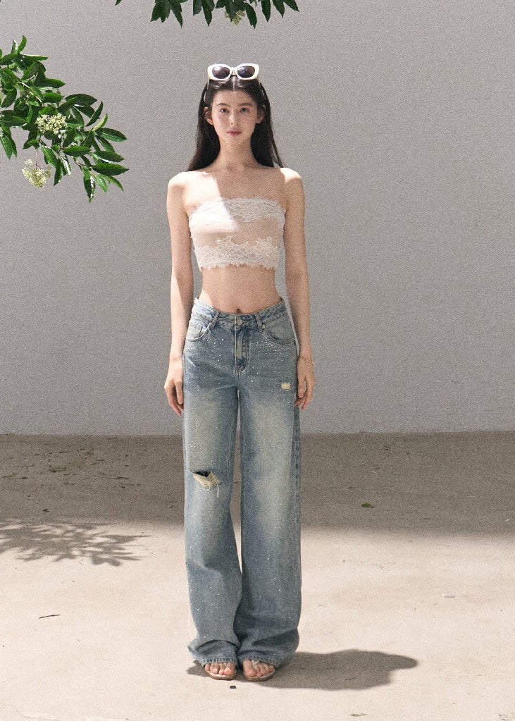 Relaxed cotton denim jeans with ripped knee detail