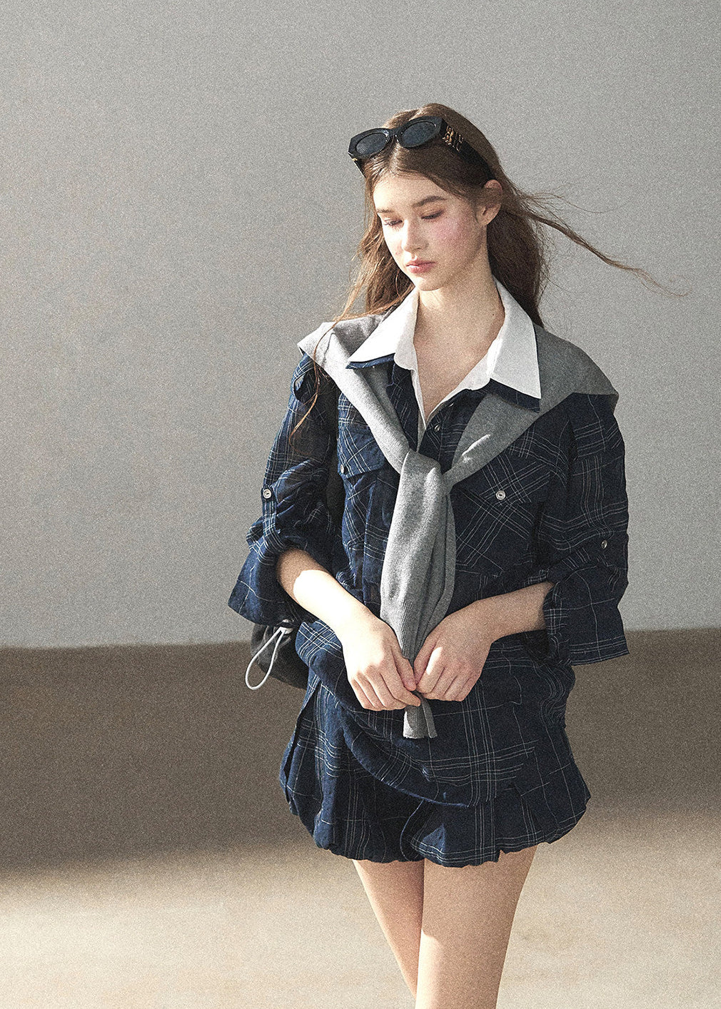 Navy plaid collegiate jacket and shorts set