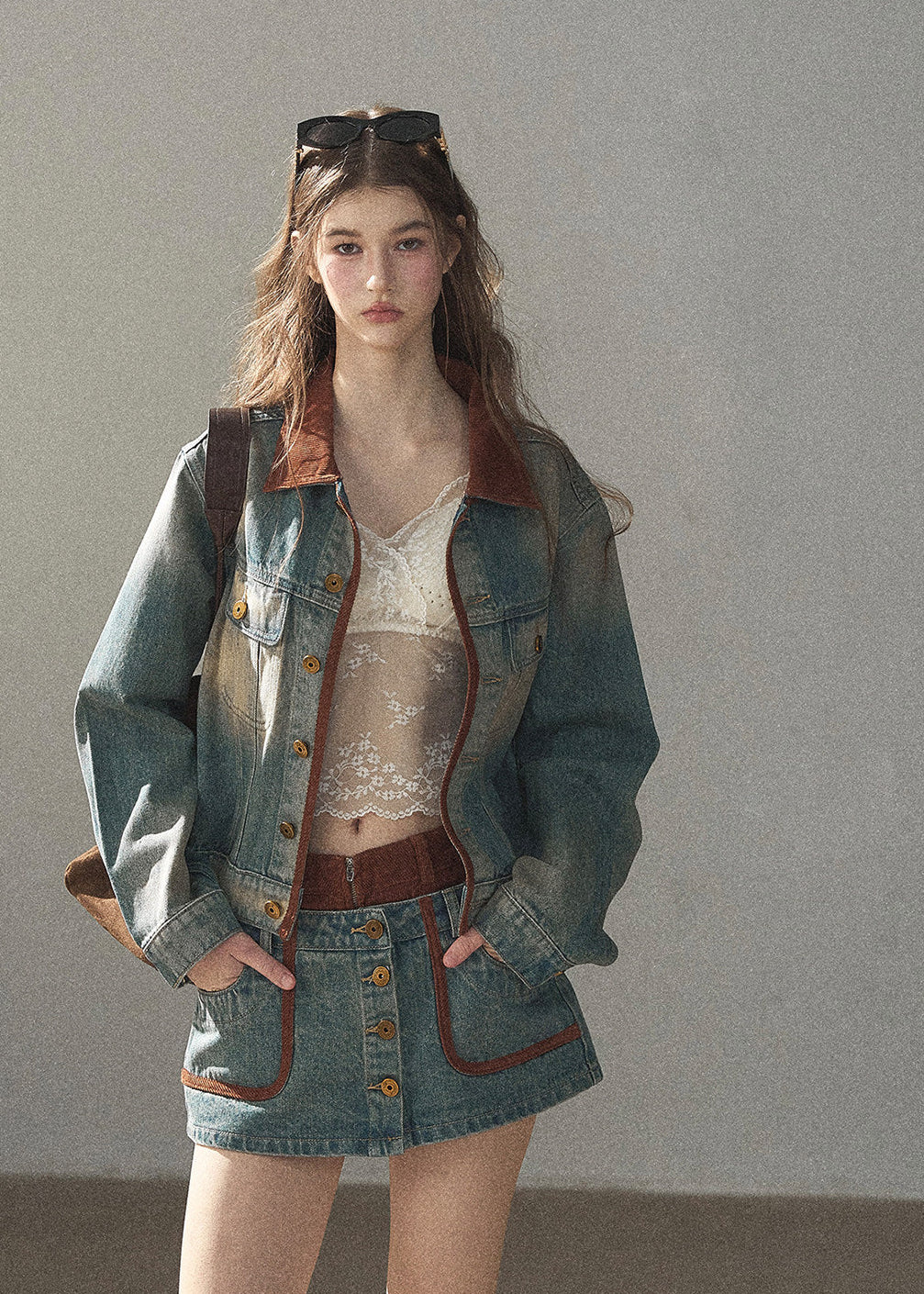 Washed denim jacket and mini skirt set