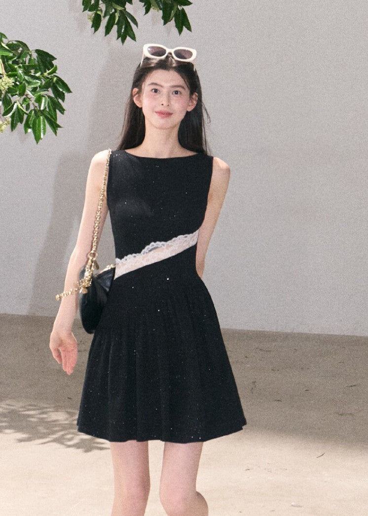 Black resort-style tank dress with semi-sheer lace panel