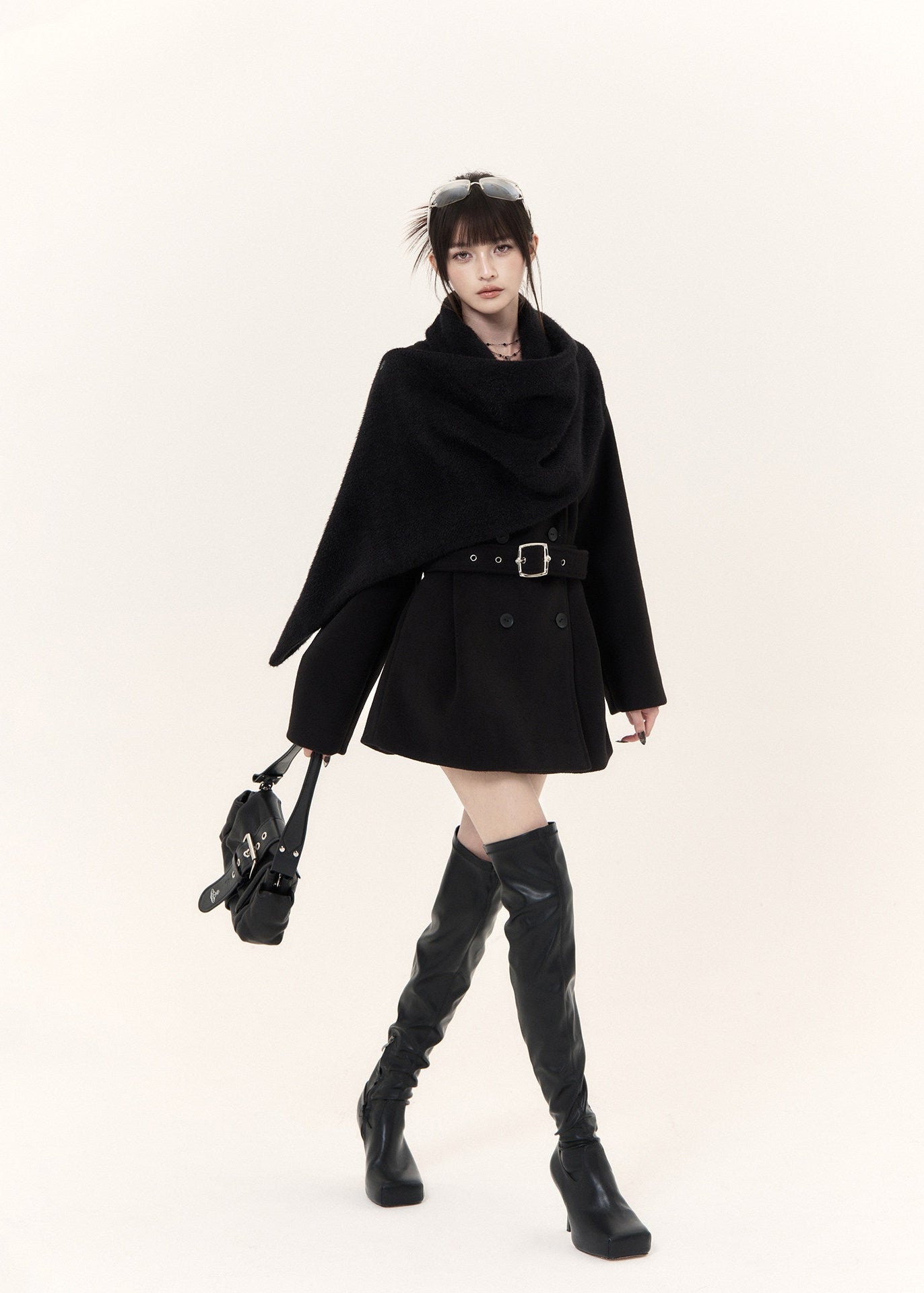 Black wool blend coat with embroidered scarf detail and fitted waist belt