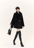 Black wool blend coat with embroidered scarf detail and fitted waist belt
