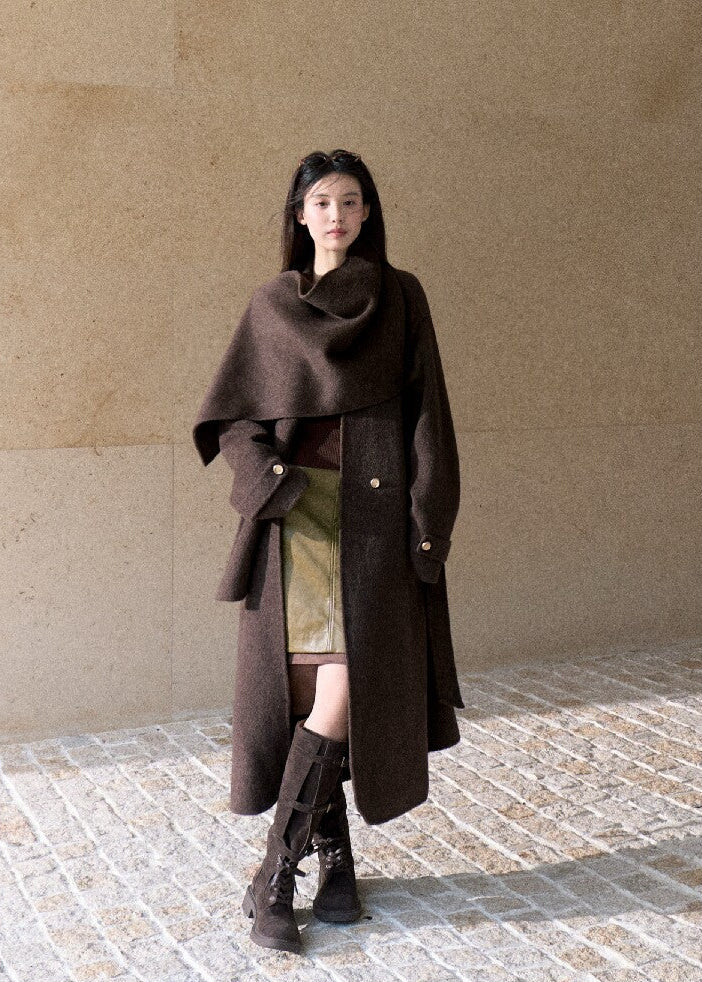Oversized double-faced wool coat with statement scarf collar