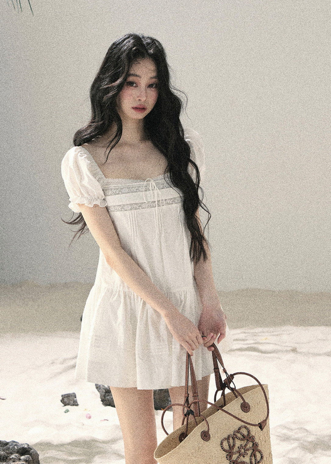 Square-neck mini dress with short puff sleeves