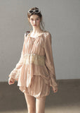 Blush lace waist blouse and skort two-piece set