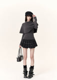 Dark grey ribbed cape overlay top with fitted long sleeves