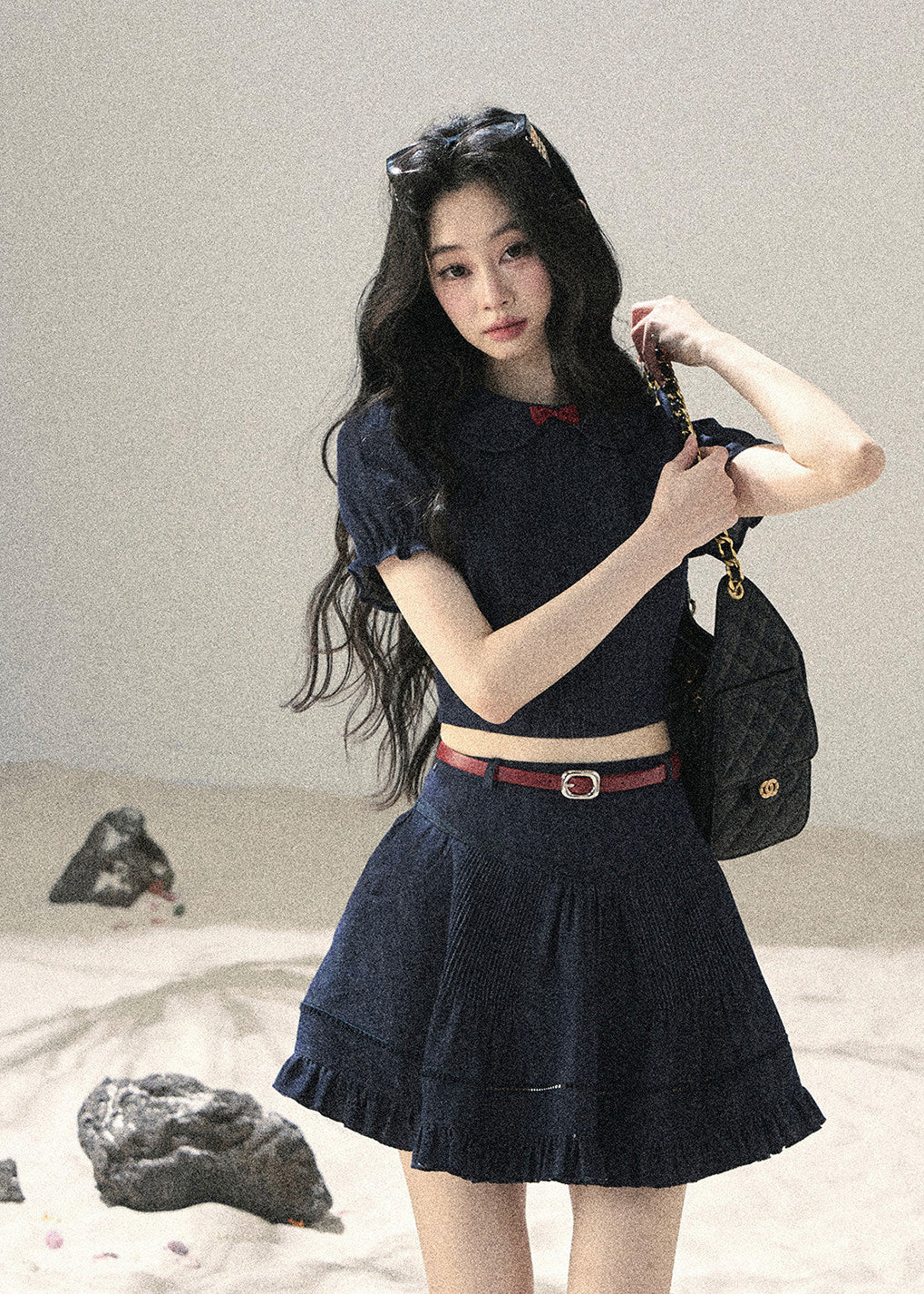Feminine top and skirt set with small bow detail