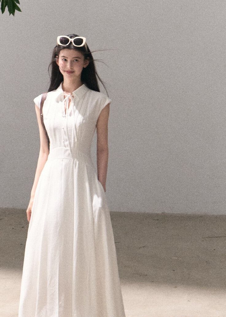 Lyocell linen collared dress with flared skirt