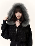 Faux Fur Hooded Polka Dot Zip-Up Jacket
