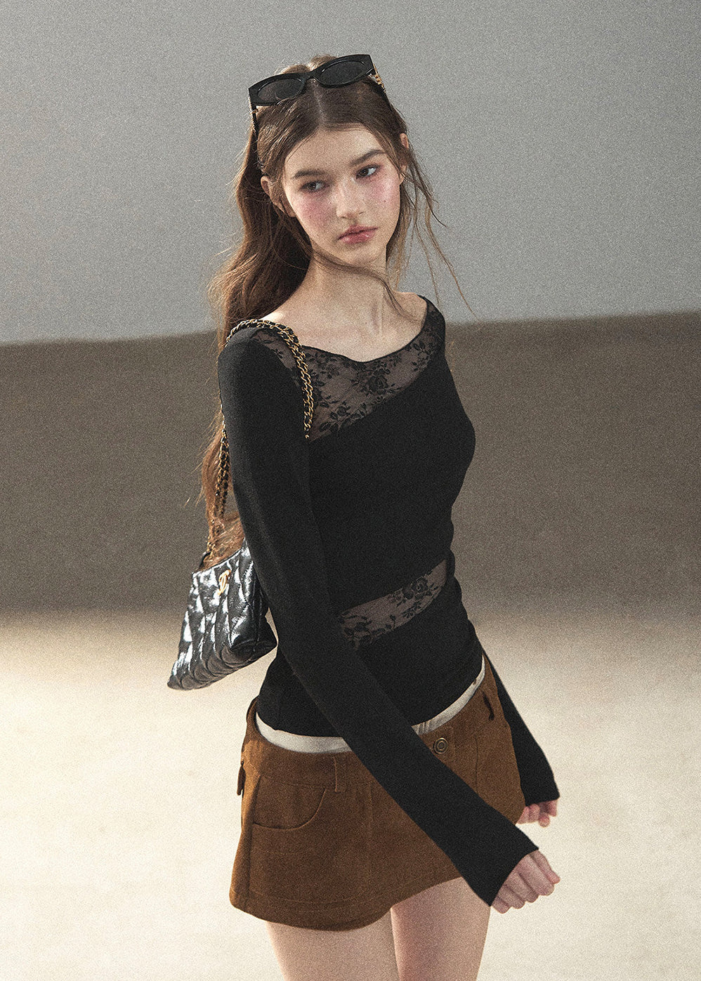 Feminine lace long sleeve top with fitted waist