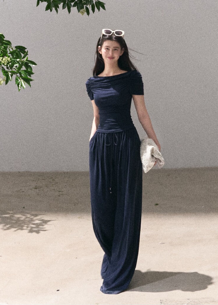 Deep navy off-shoulder top and wide-leg pants set