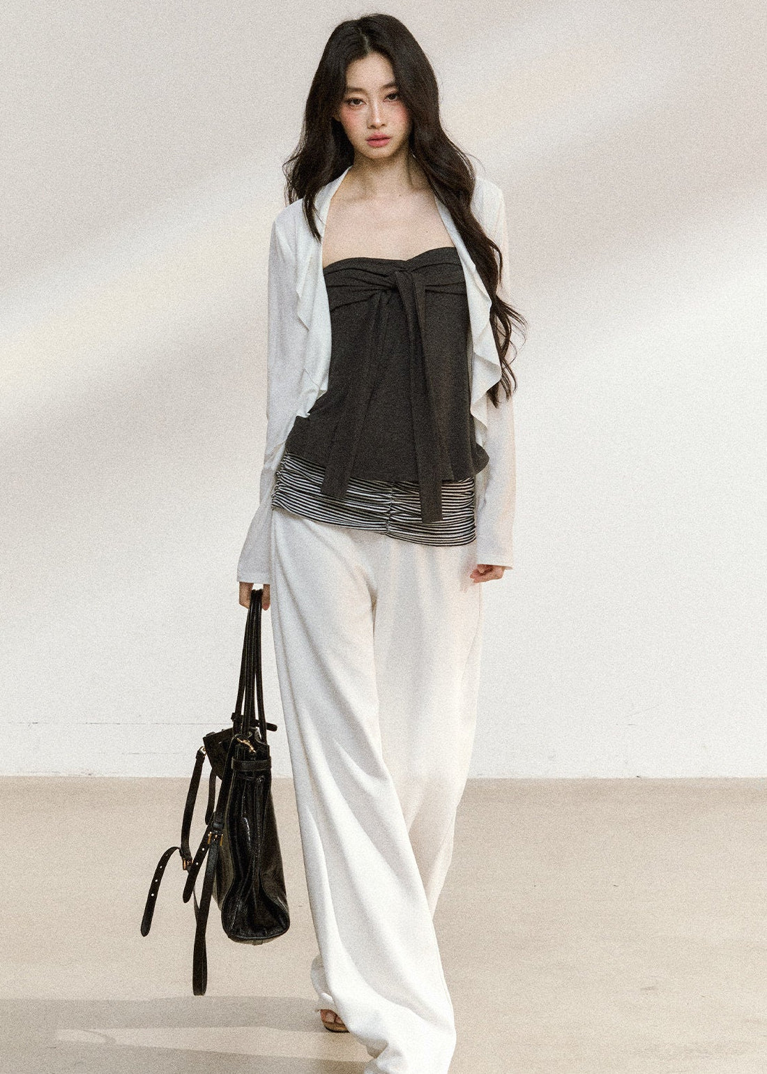 Korean-style layered top set in white and charcoal gray