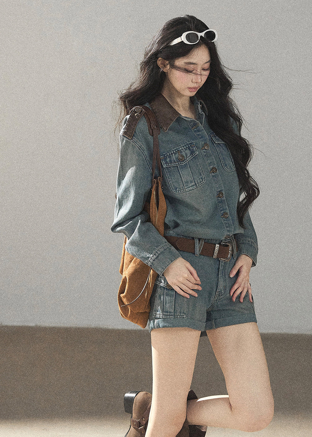 Washed denim jacket and shorts two-piece set