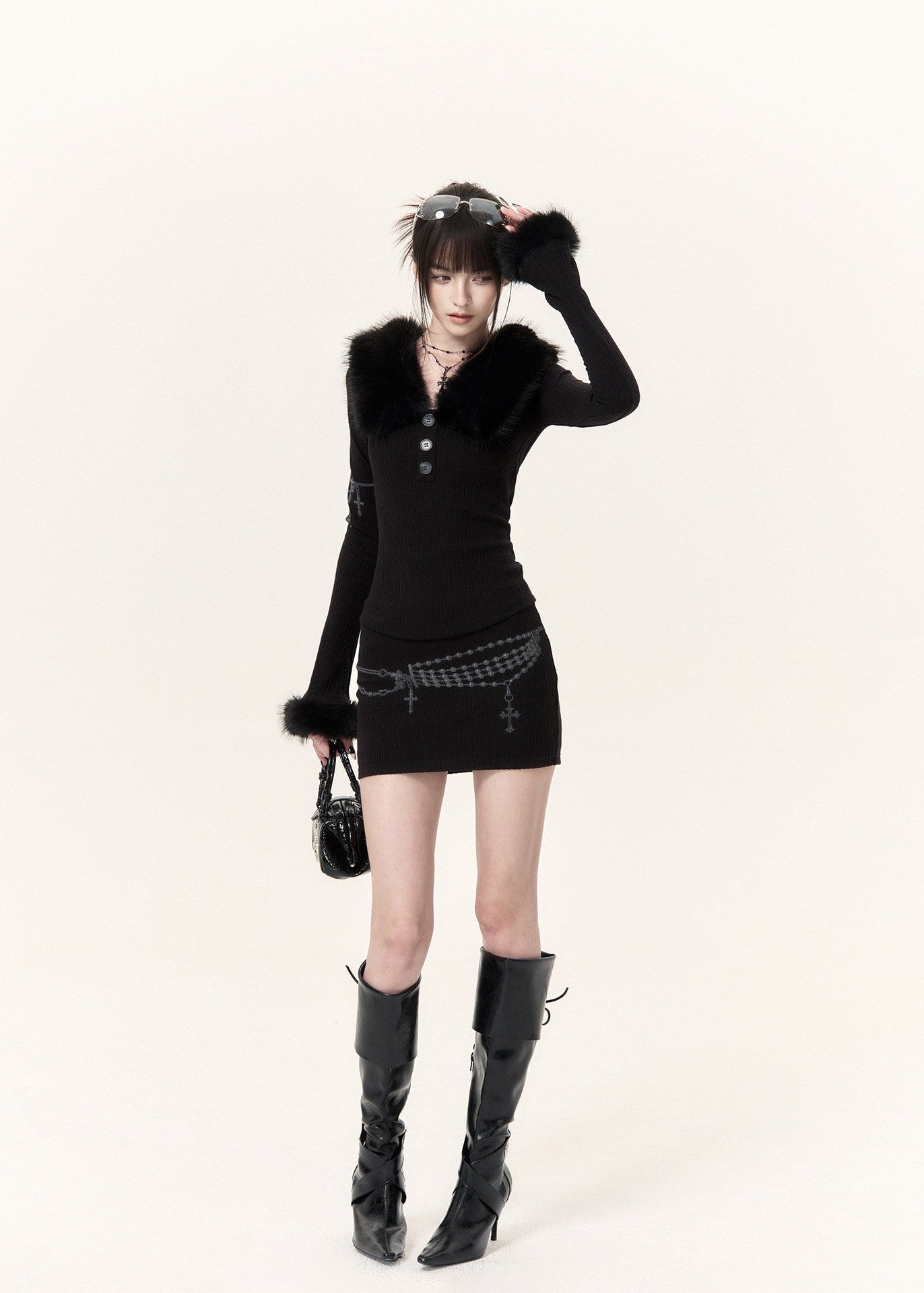 Black faux fur trim knit top and mini skirt two-piece set
