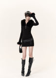 Black faux fur trim knit top and mini skirt two-piece set