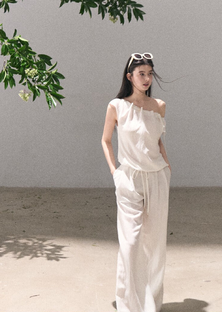 Ivory draped top and wide-leg pants set