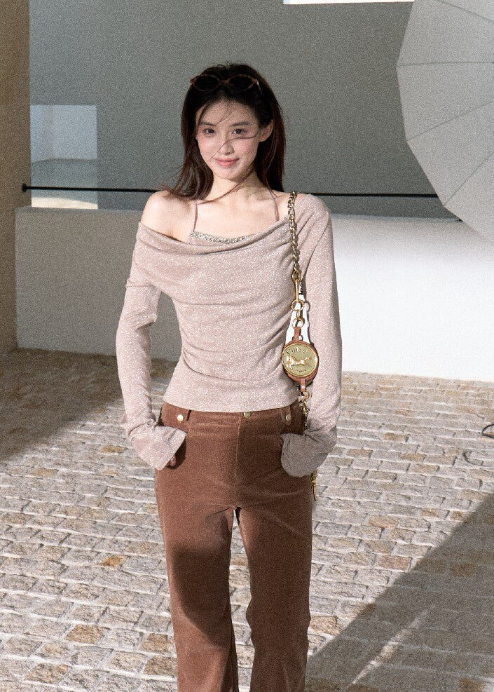 Draped neckline shimmer top with delicate strap detailing