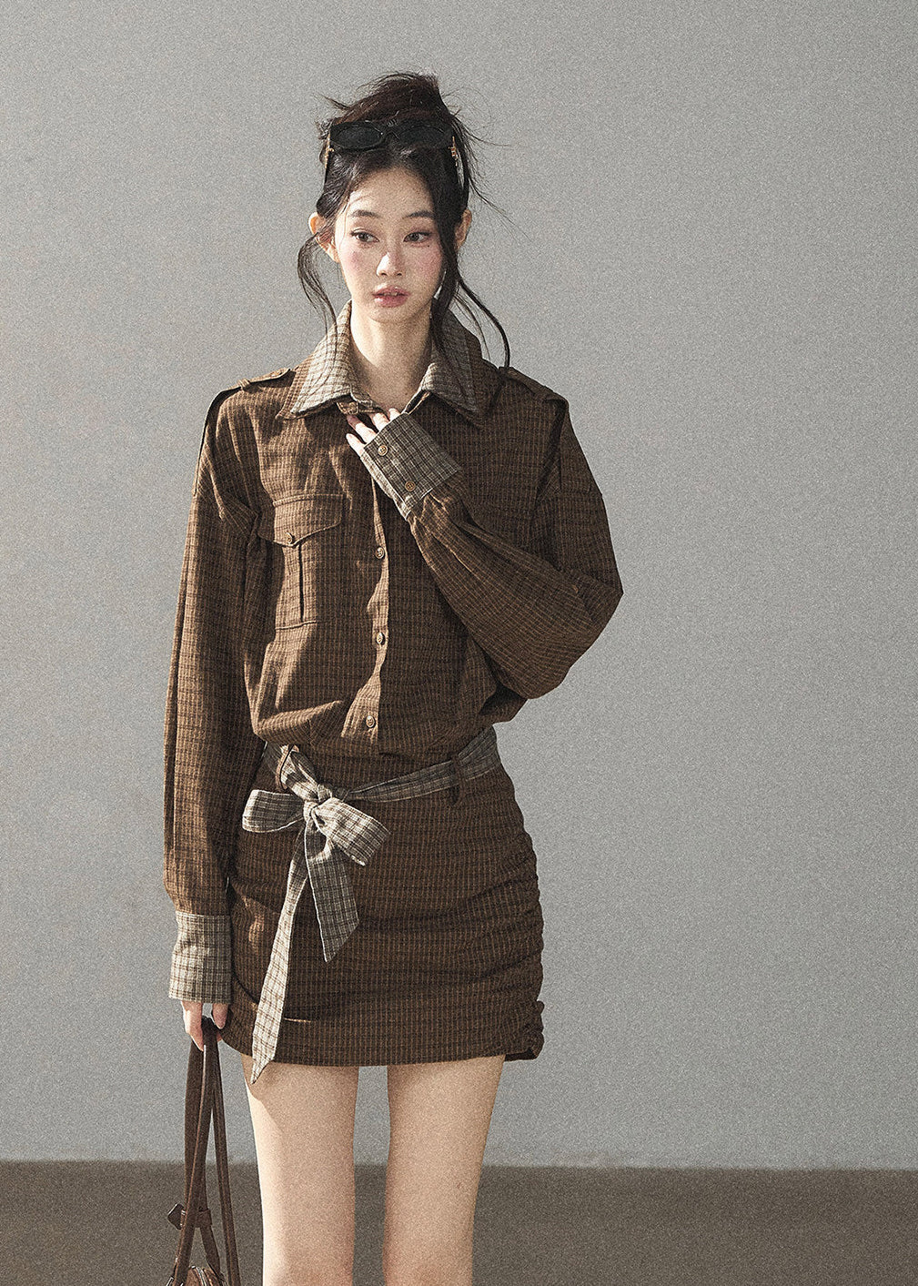 Soft academic plaid mini dress with long sleeves