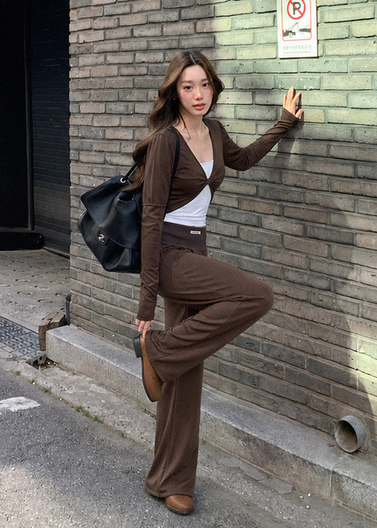 Layered-look long-sleeve top and foldover-waist pants set in blue gray
