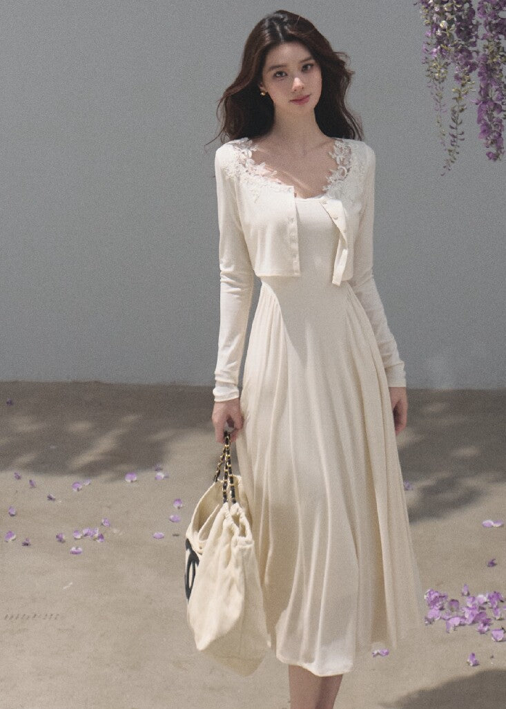 Soft mist beige cropped cardigan with delicate lace neckline detailing