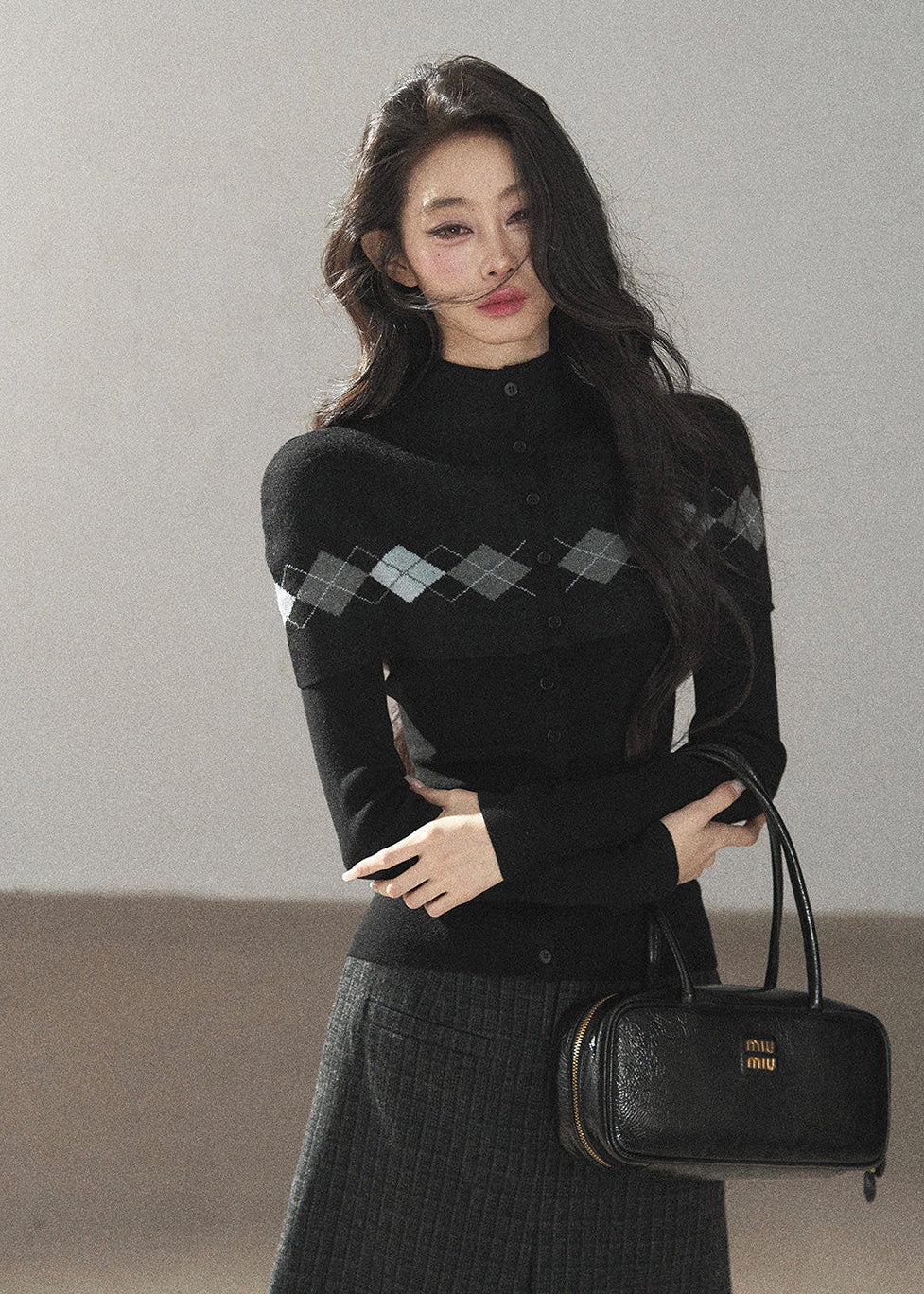 Black argyle shawl layered wool blend cardigan with diamond pattern