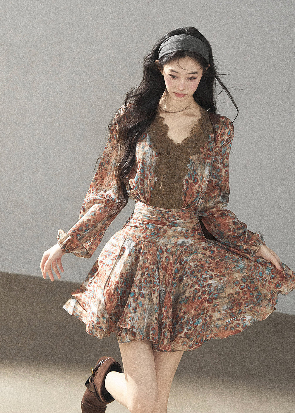 Floral chiffon mini dress with lace V-neck detail