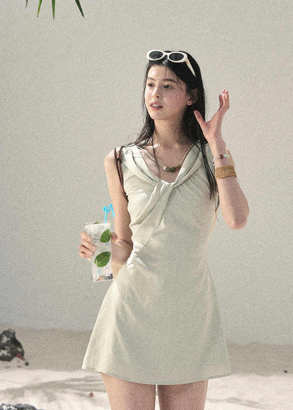 Feminine V-neck summer dress with a flared mini skirt