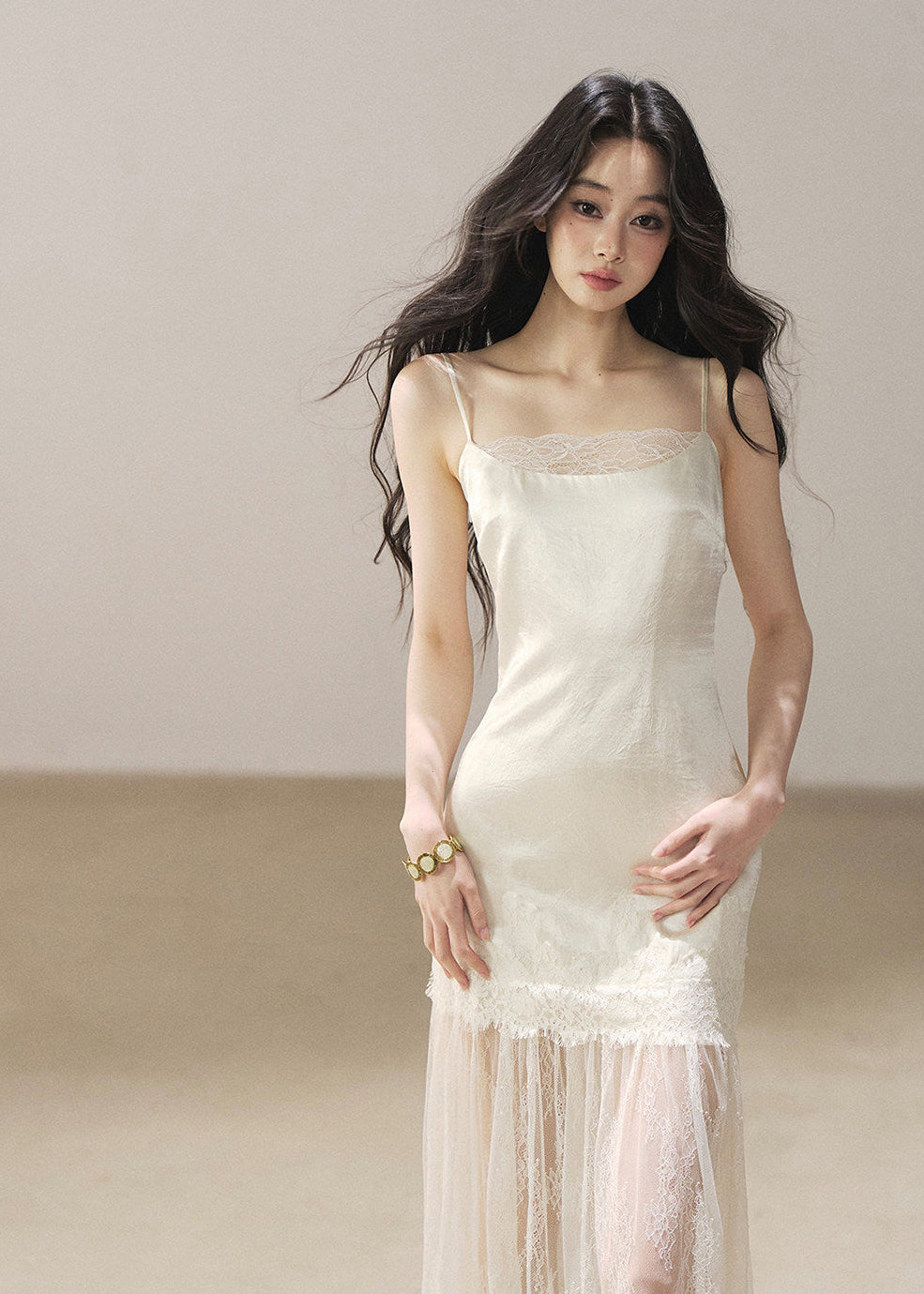 Lace slip dress with sheer cover-up set in pear white