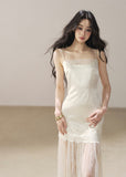 Lace slip dress with sheer cover-up set in pear white