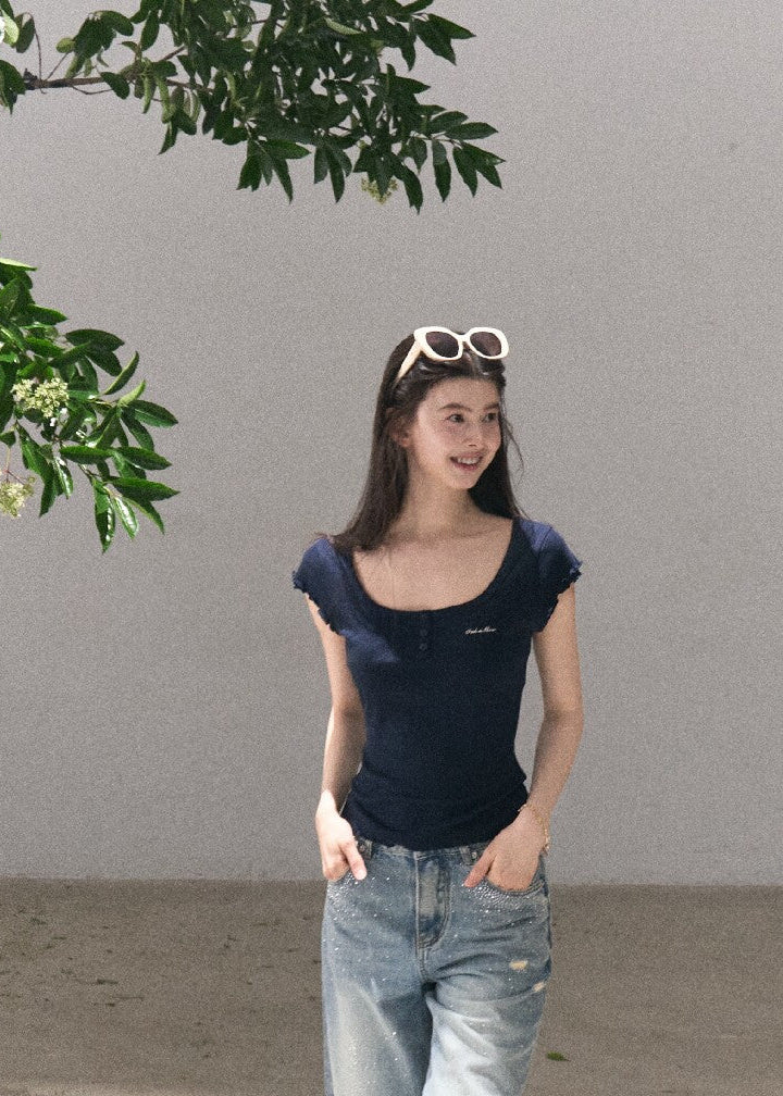 Minimal navy fitted tee with a soft neckline