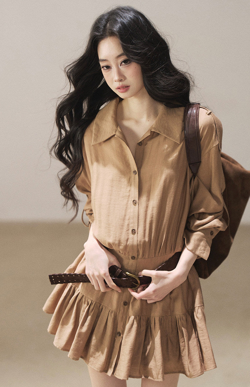 Golden beige lapel dress set with inner shorts