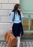 Korean-style blue button-up shirt with a coordinating draped layer
