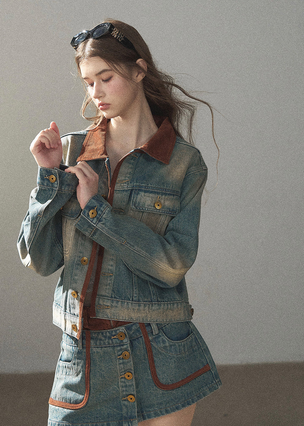 Washed denim jacket and mini skirt set