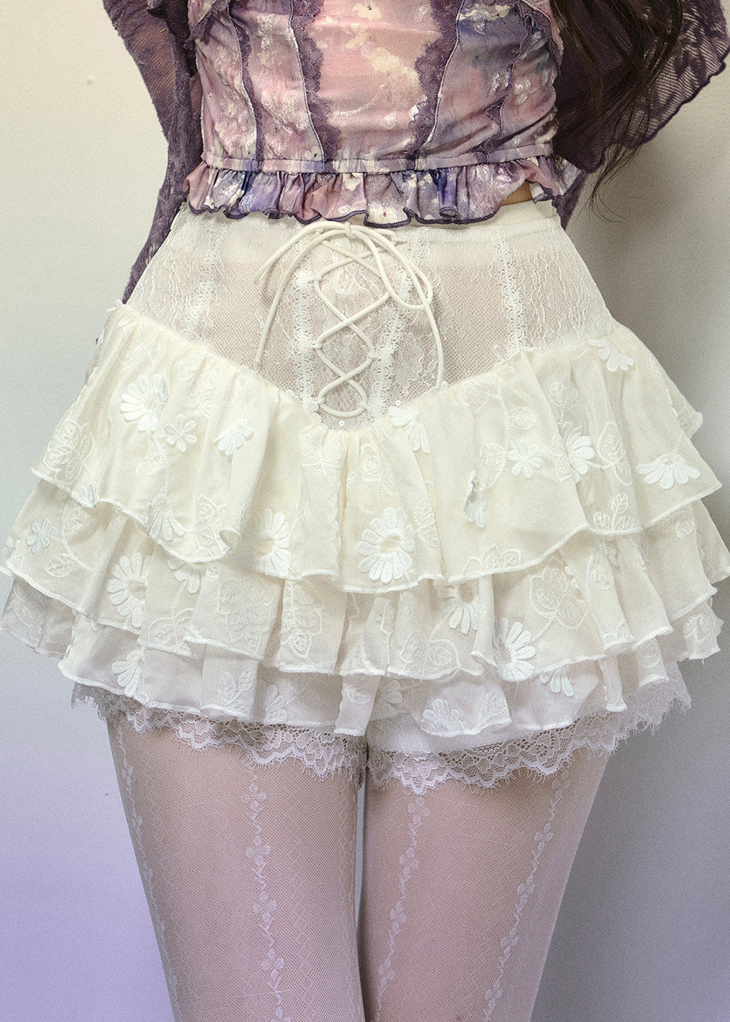 High-waist lace mini skirt in soft white