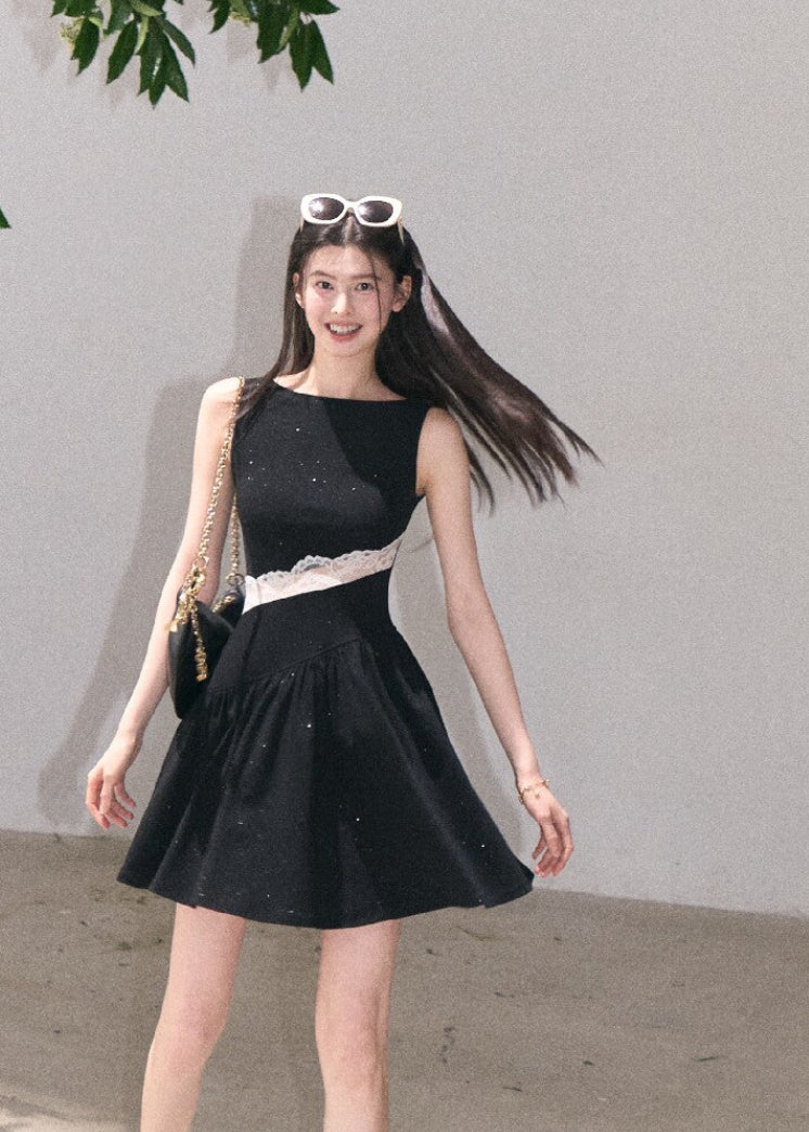 Black resort-style tank dress with semi-sheer lace panel