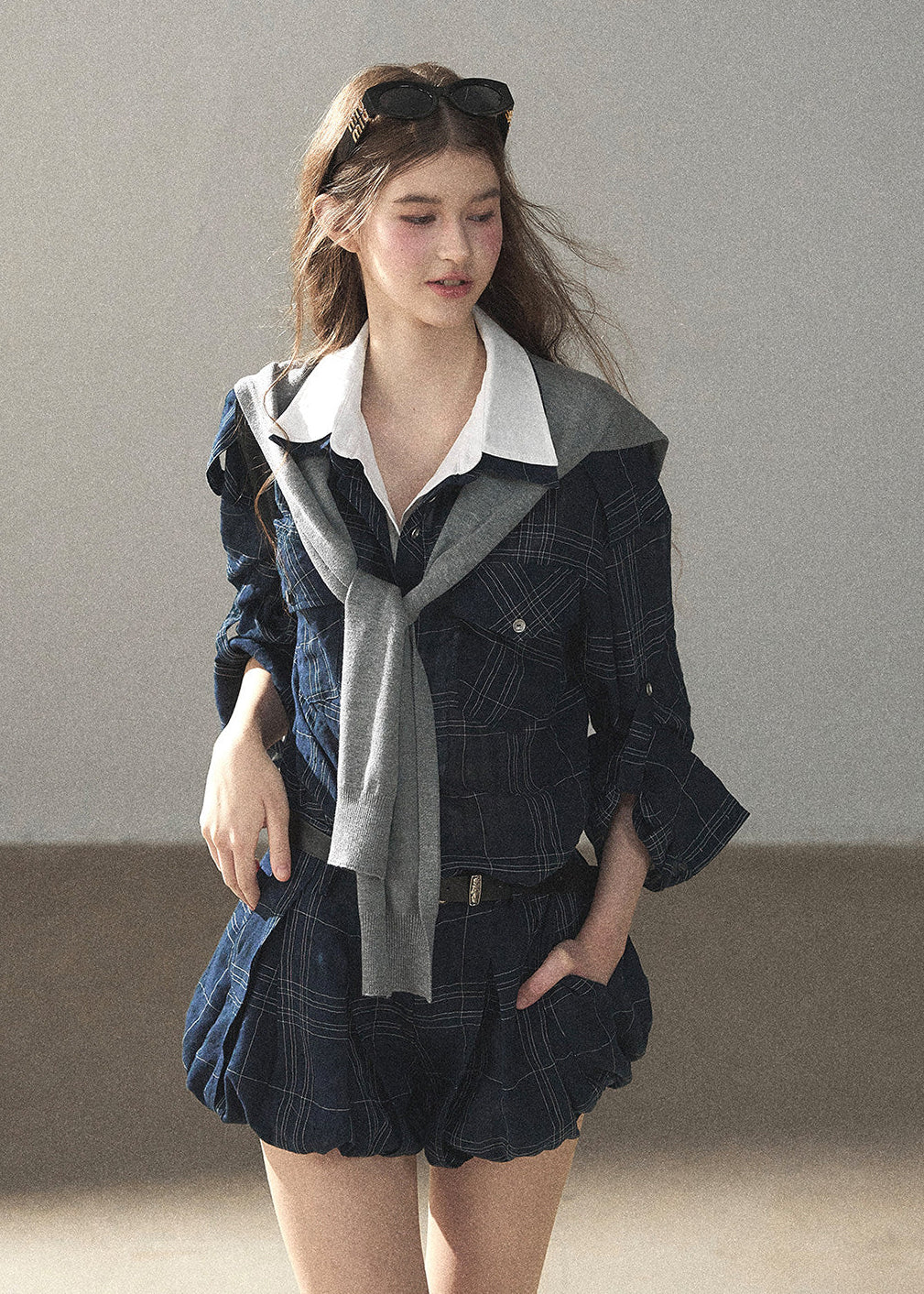 Navy plaid collegiate jacket and shorts set