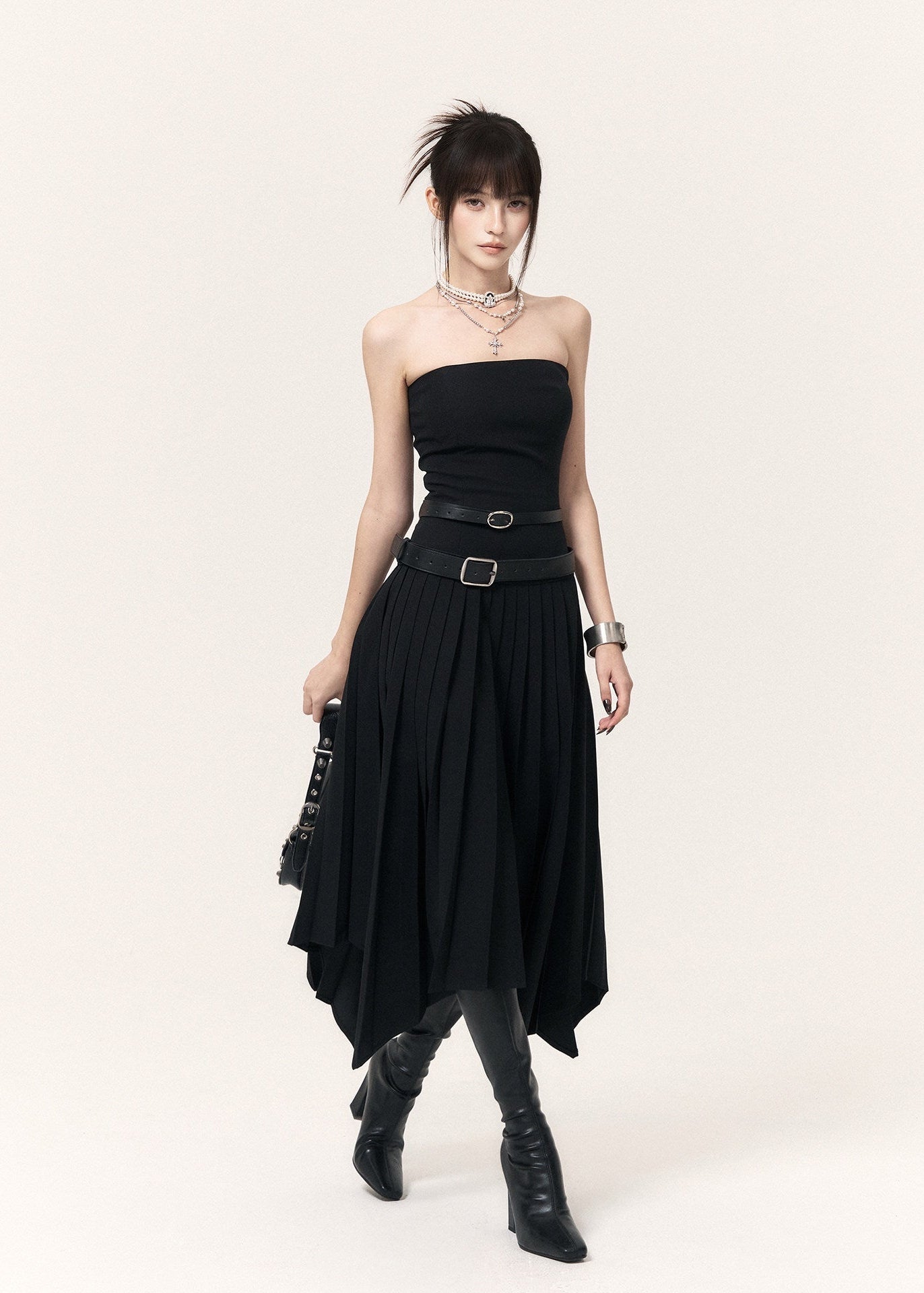 1. Dark asymmetric midi dress with a draped handkerchief hem and fitted waist