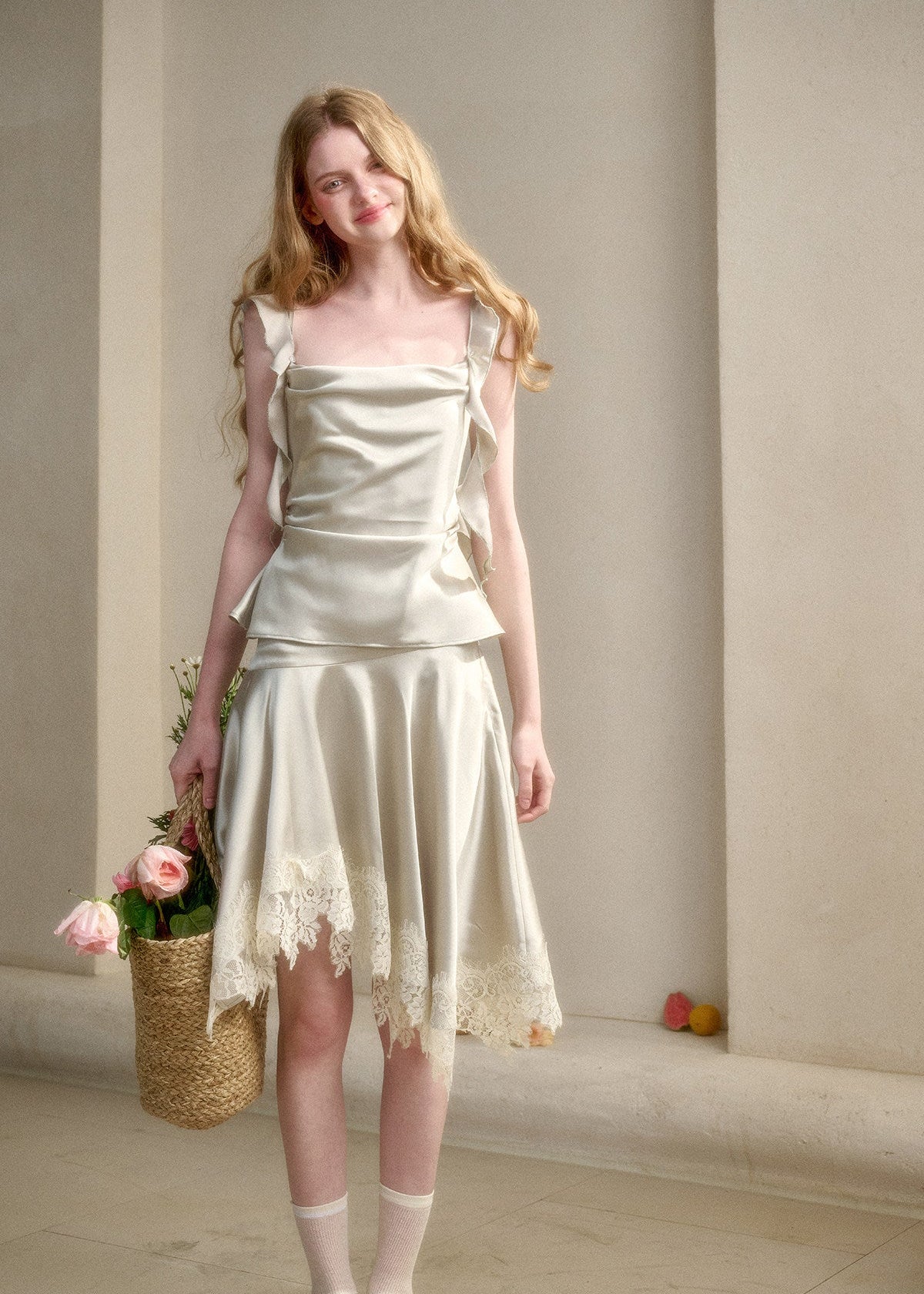 Feminine satin two-piece outfit with matching skirt