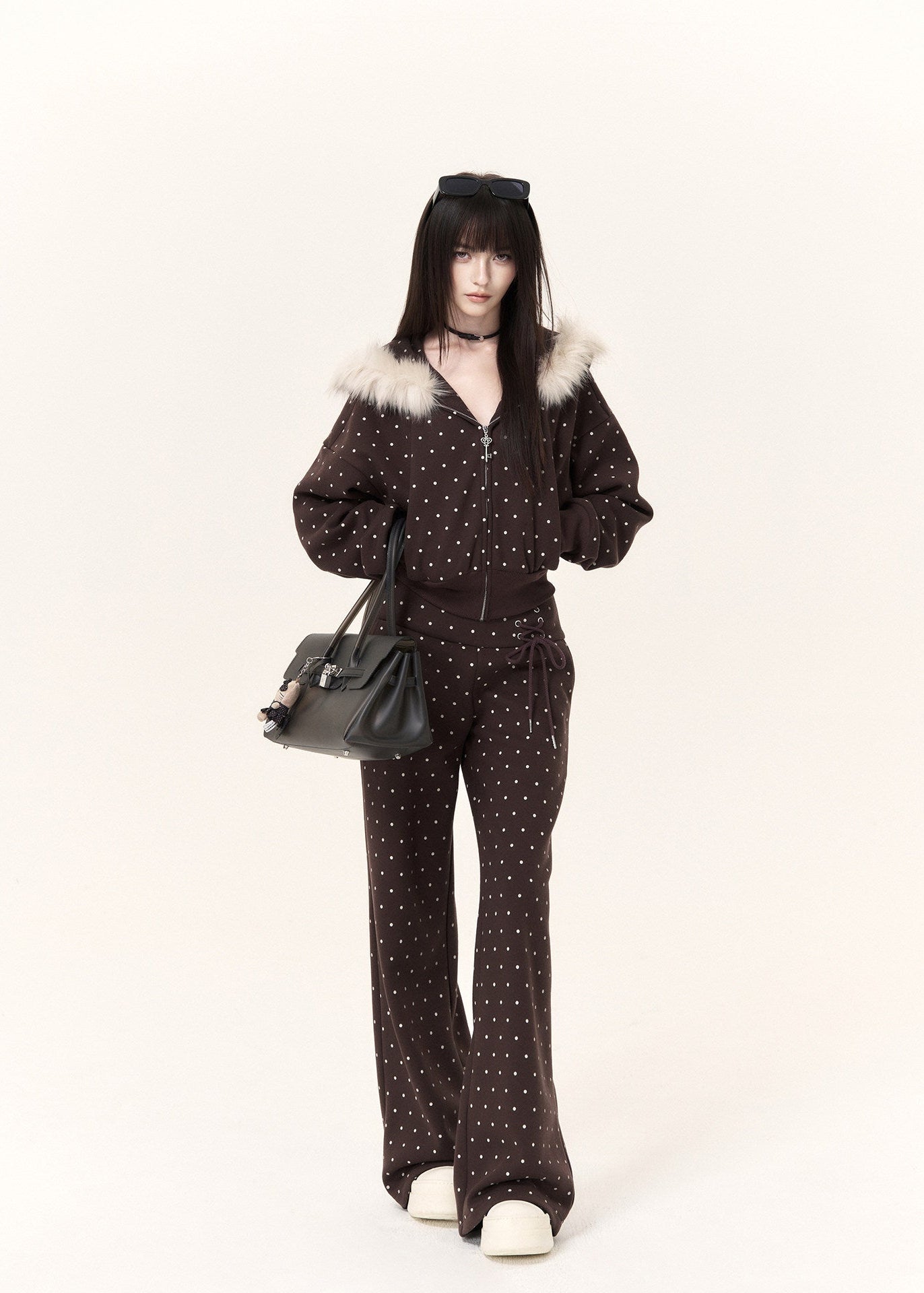 vintage polka dot cropped hoodie jacket with faux fur trim